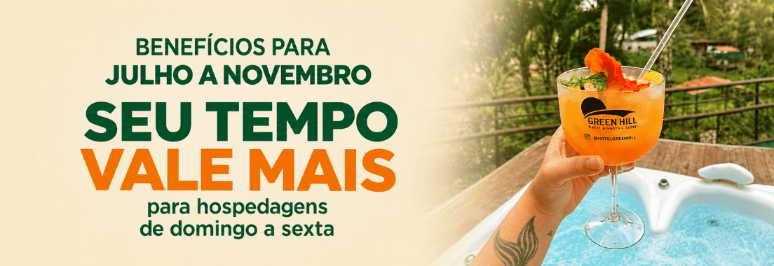 Seu Tempo Vale Mais - Quanto mais dias você escolhe ficar, melhores são as condições para aproveitar o Green Hill. Seu Tempo Vale Mais - Quanto mais dias você escolhe ficar, melhores são as condições para aproveitar o Green Hill.